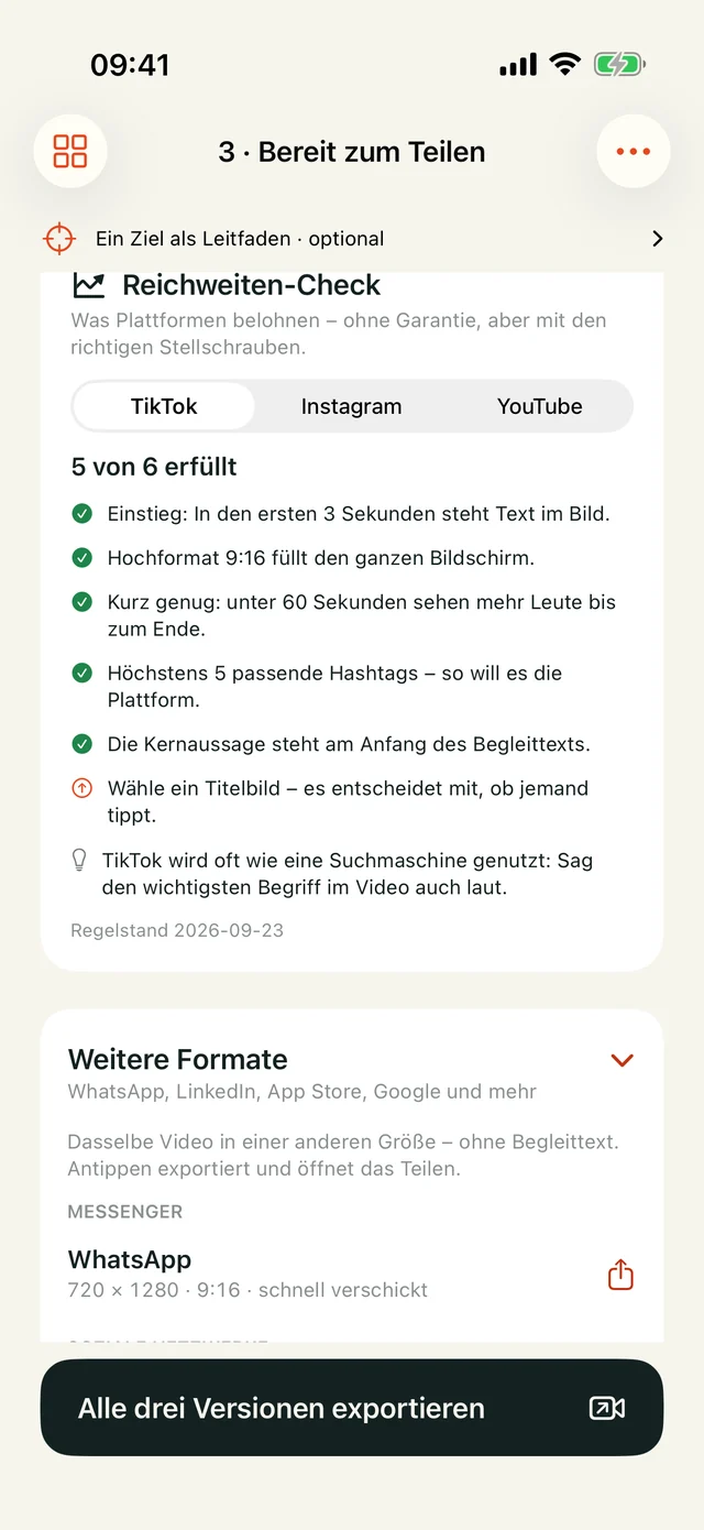 Export mit der Liste „Weitere Formate“, zum Beispiel WhatsApp und LinkedIn.