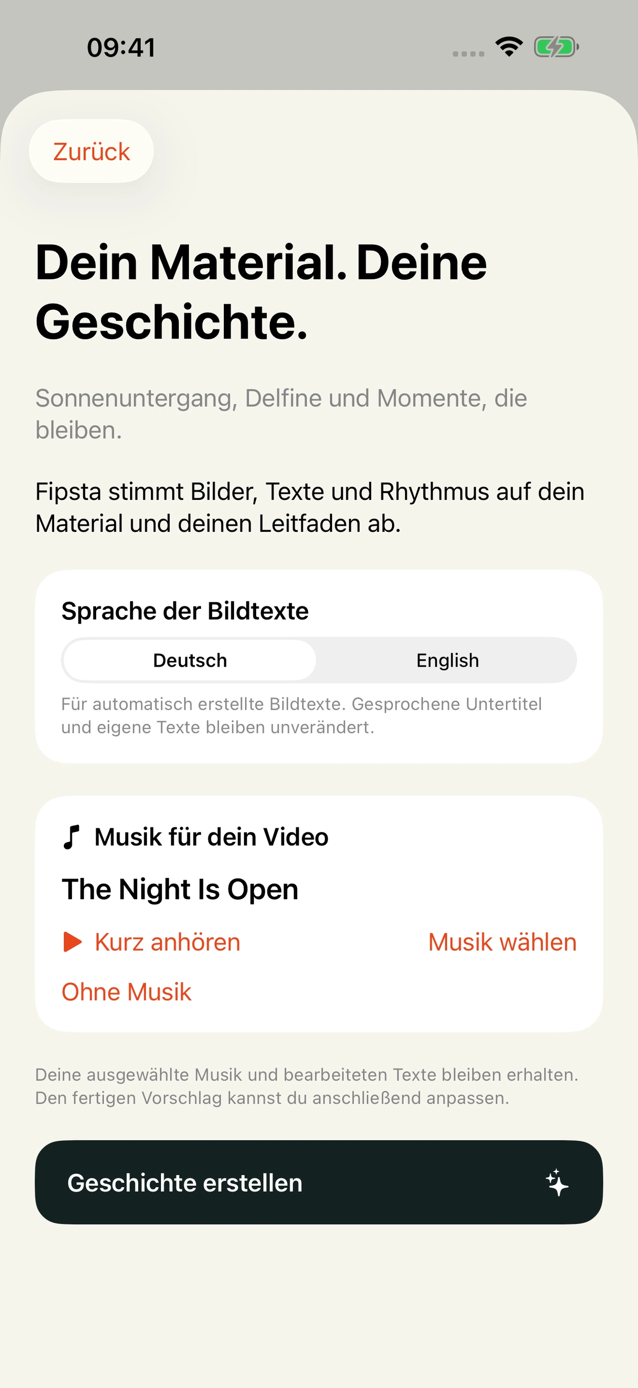 Story-Assistent: Sprache der Bildtexte und Musik wählen, dann die Geschichte erstellen.