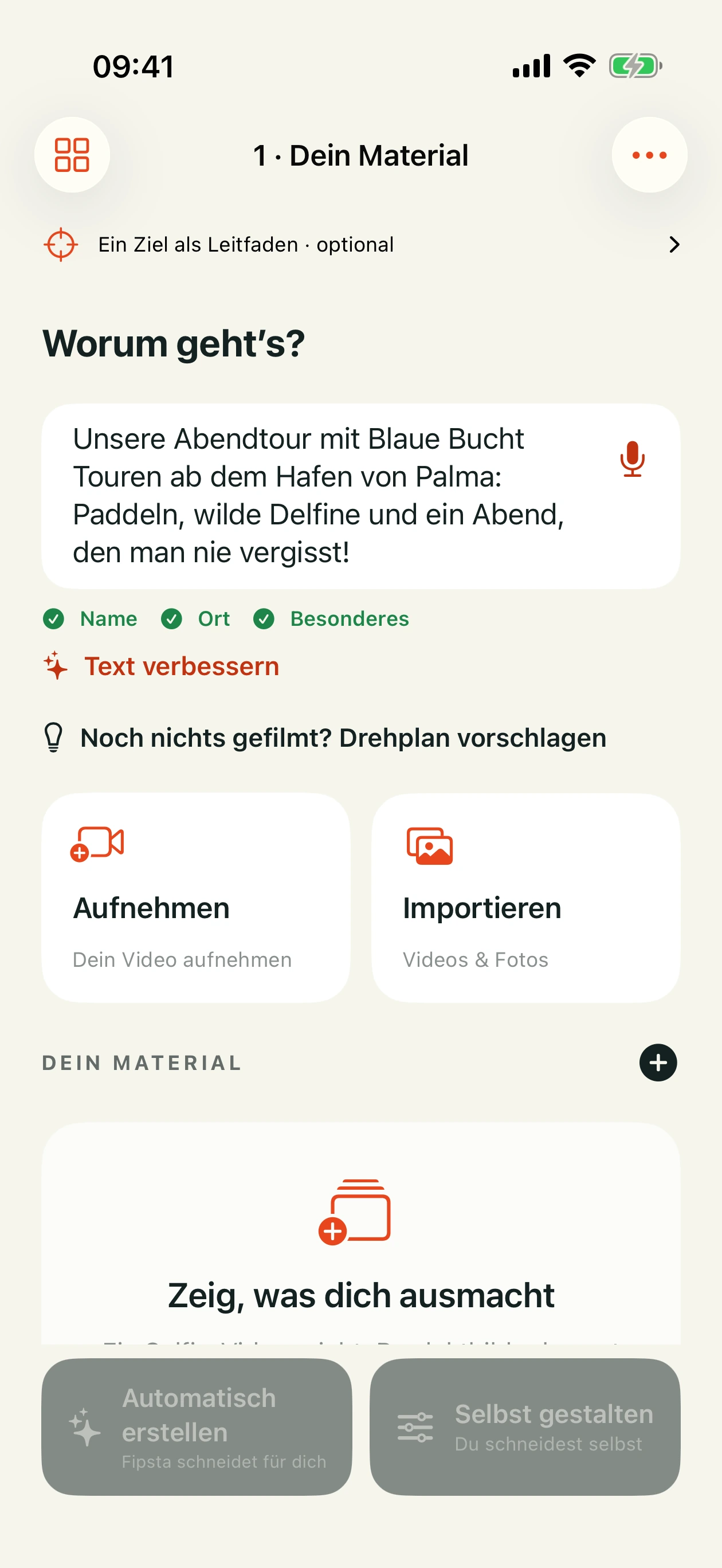 Thema tippen oder diktieren – mit Häkchen für Name, Ort und Besonderes.