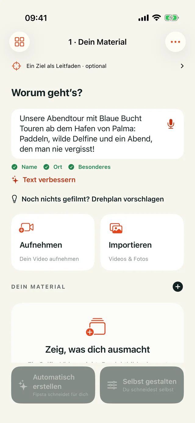 Thema tippen oder diktieren – mit Häkchen für Name, Ort und Besonderes.