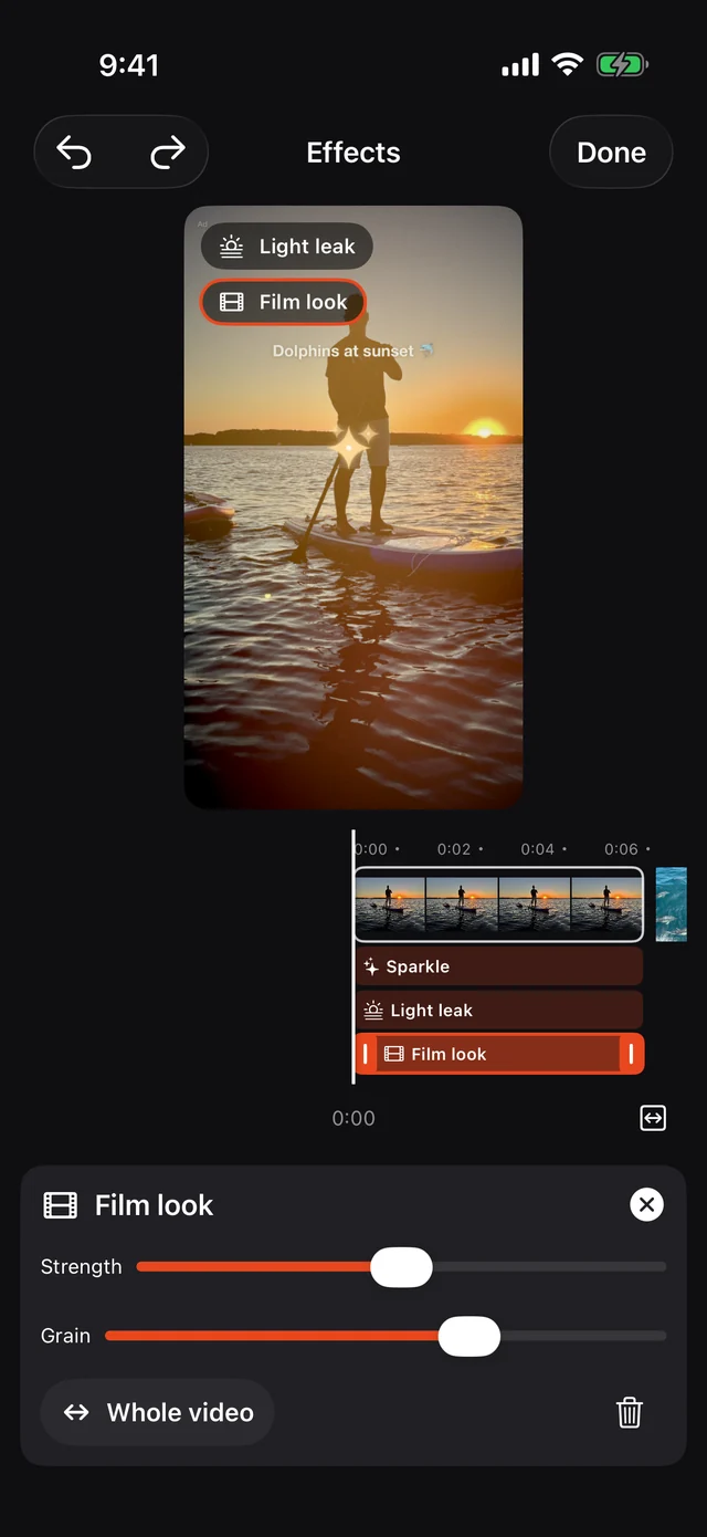 Film look effect with sliders for strength and grain on the timeline.