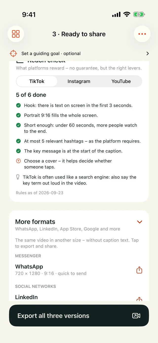 Export with the “More formats” list, for example WhatsApp and LinkedIn.
