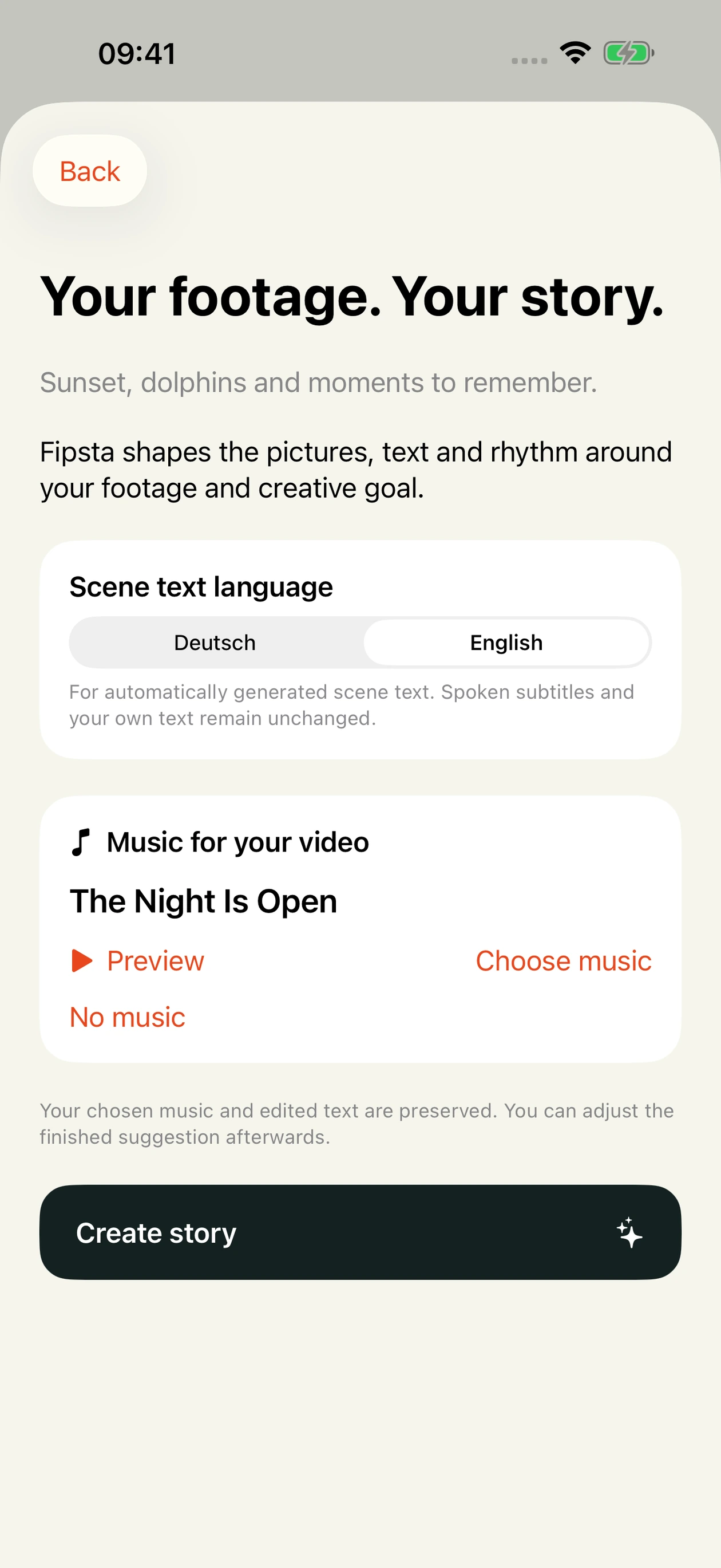 Story assistant: choose the language of on-screen text and the music, then create the story.