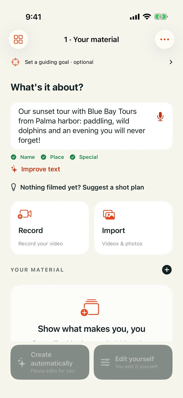 Type or dictate your topic – with checks for name, place and what makes it special.