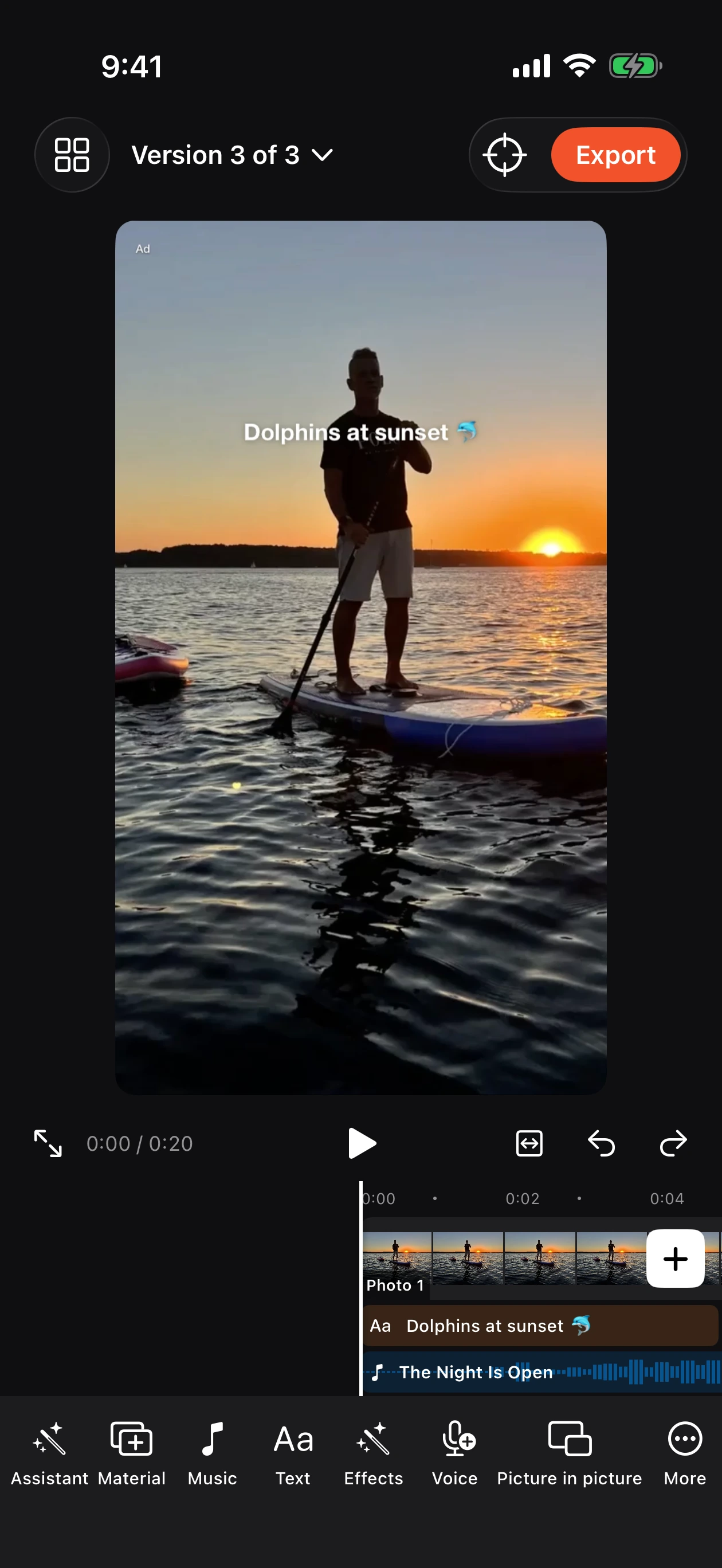 Fipsta editor with a timeline for picture, text, effects and music.