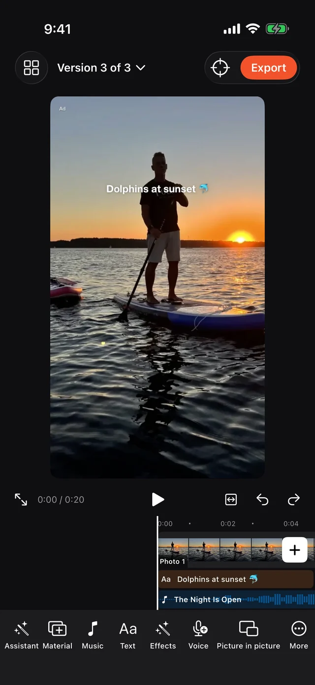 Fipsta editor with a timeline for picture, text, effects and music.