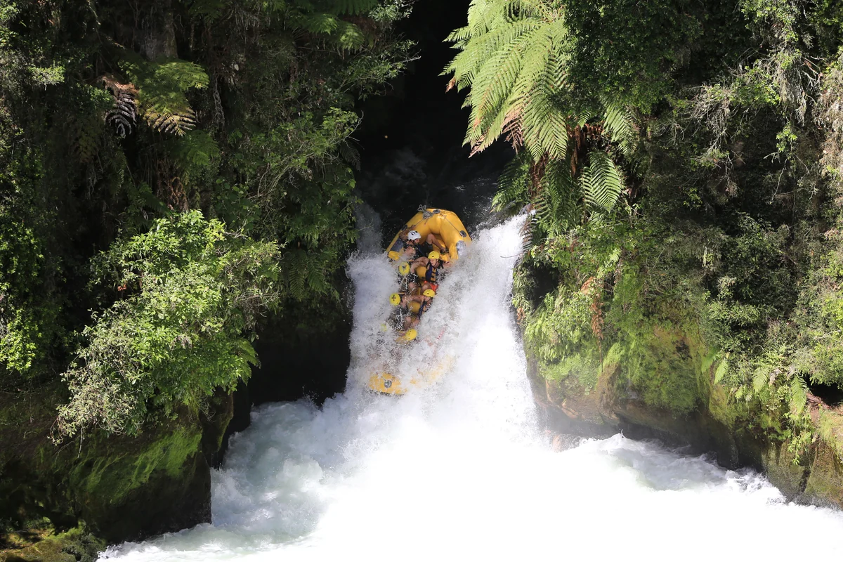 Rafting auf einem Wasserfall zwischen grünen Farnen.